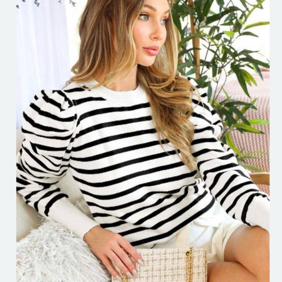 Vine & Love Striped Puff Sleeve Knit Sweater - Picture 9 of 9